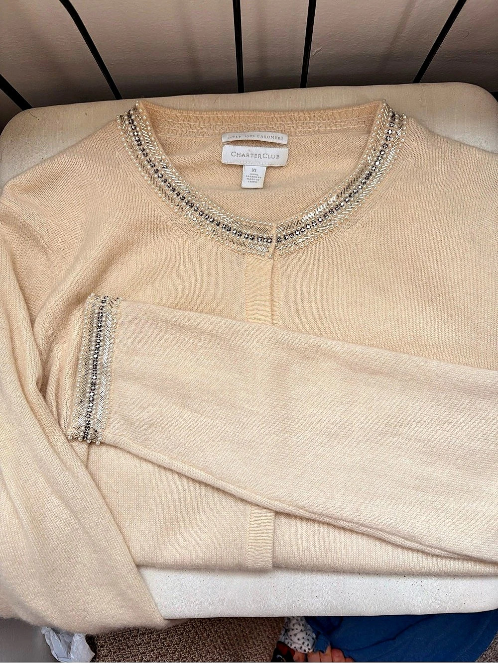 Charter Club Luxury 2-Ply Cashmere Beaded-Trim Cardigan Cream XL